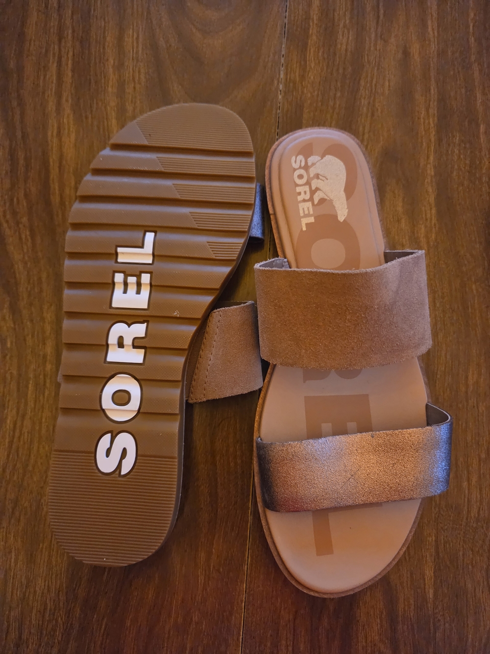 Sorel Brown Suede & Metallic Slide Sandals
